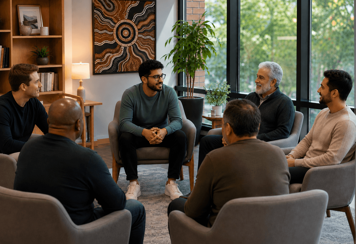 A support group sitting in a circle of armchairs in a bright community room, talking together.