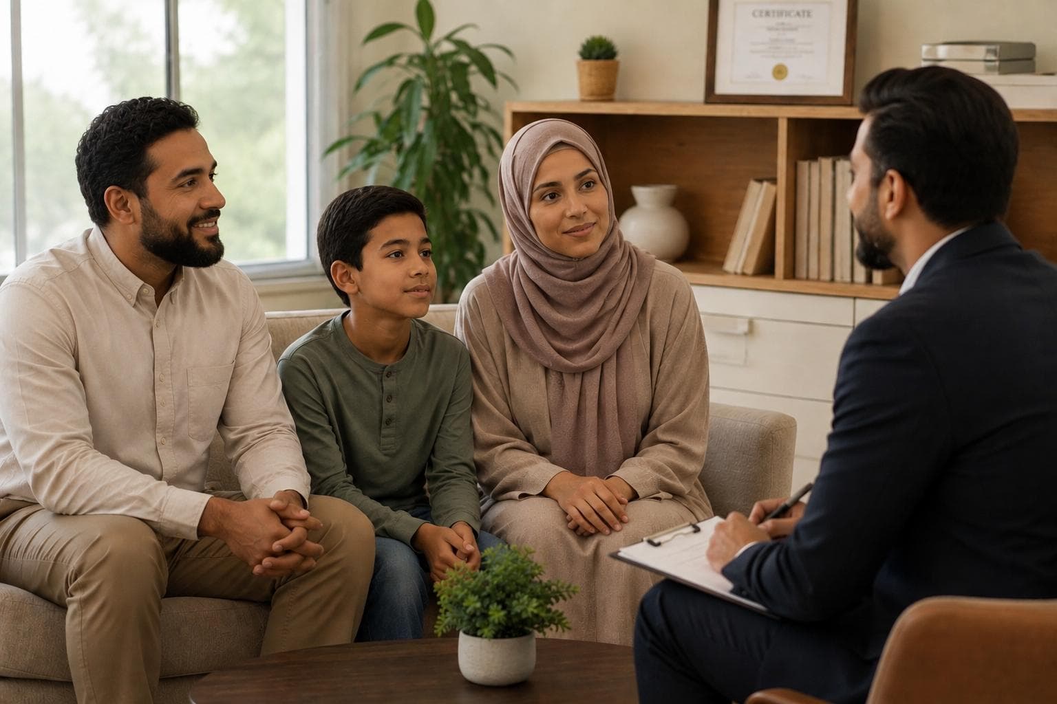 A family sitting together on a couch speaking with a counsellor who is taking notes.